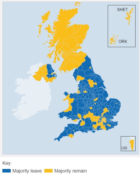 Mappa del voto realizzata dalla BBC. In giallo "Remain" in blu "Leave".