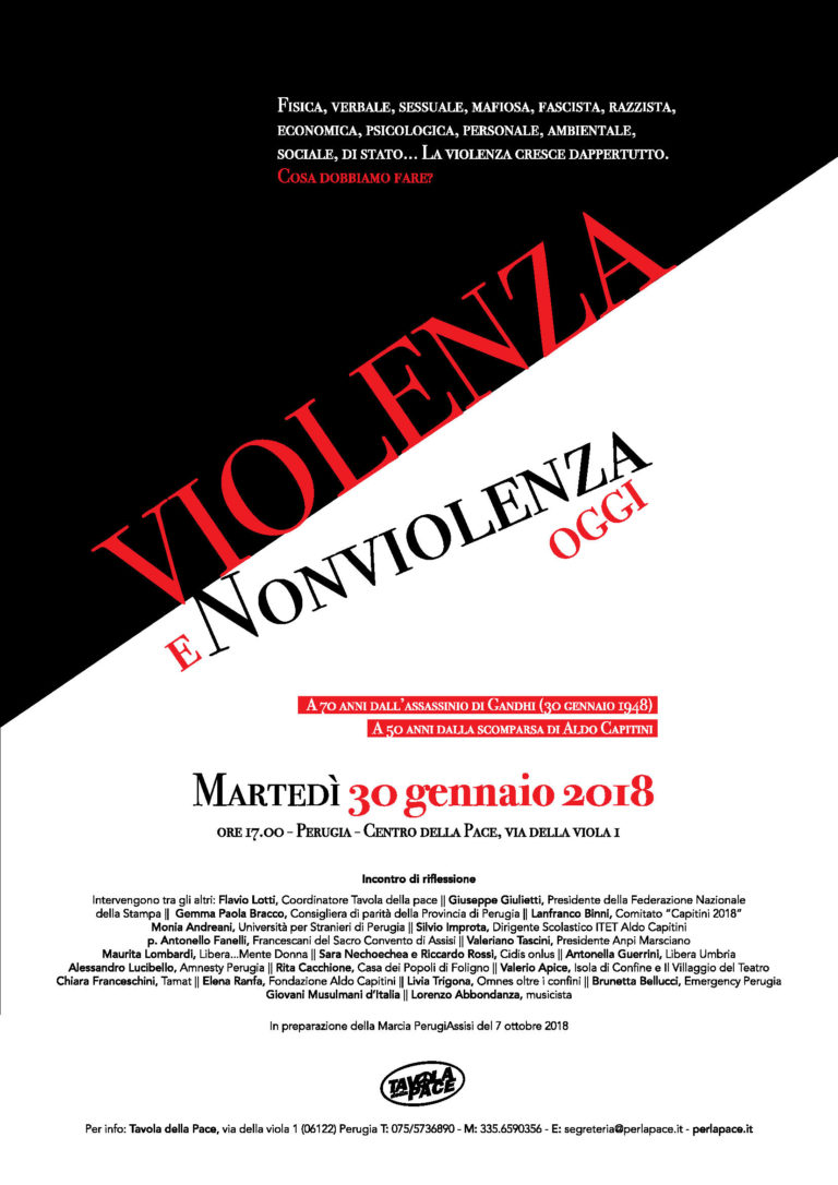 Violenza e Nonviolenza oggi. 30 gennaio, Perugia, Centro della Pace
