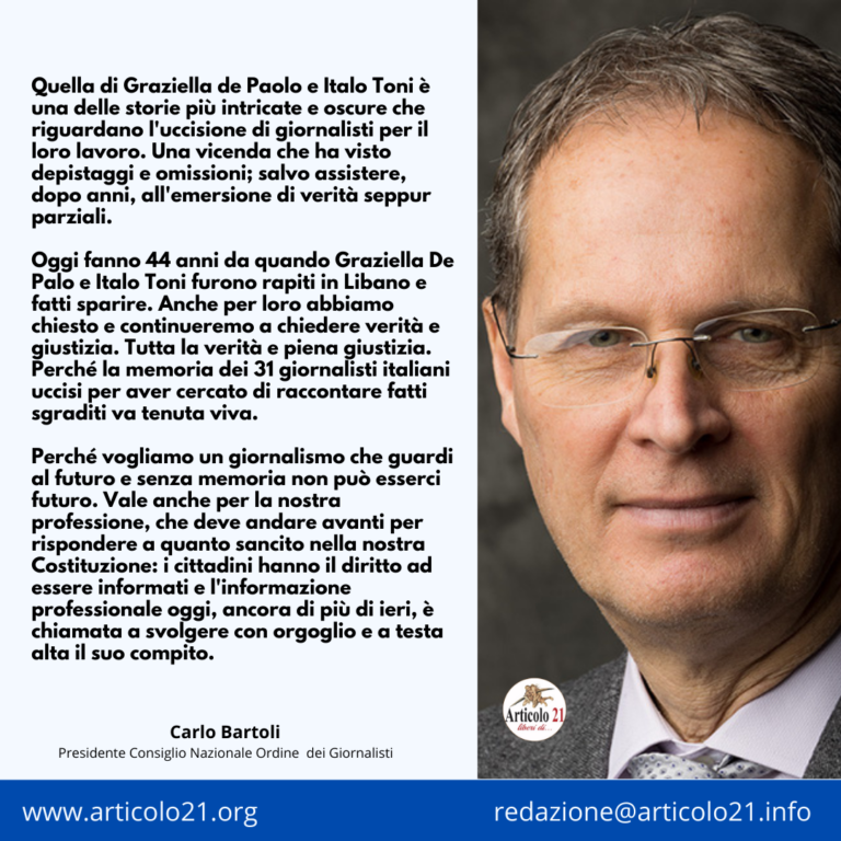 Ricordando Graziella de Palo e Italo Toni: il messaggio del Presidente OdG Carlo Bartoli