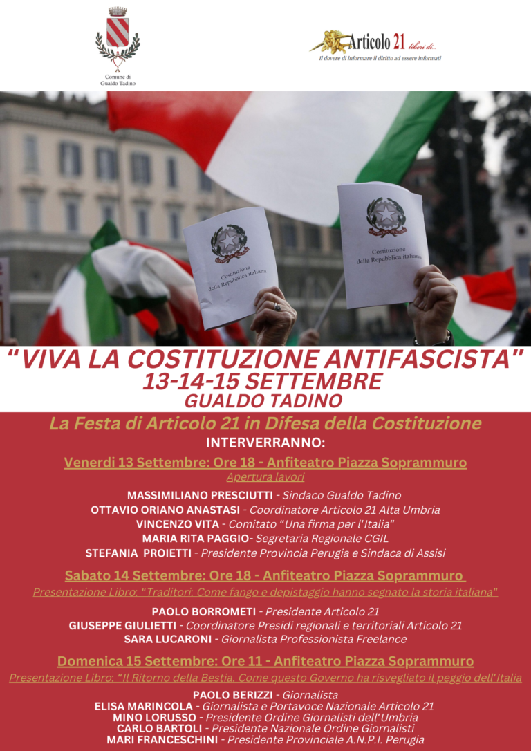 “Viva la Costituzione”. Dal 13 al 15 settembre a Gualdo Tadino la festa nazionale di Articolo 21