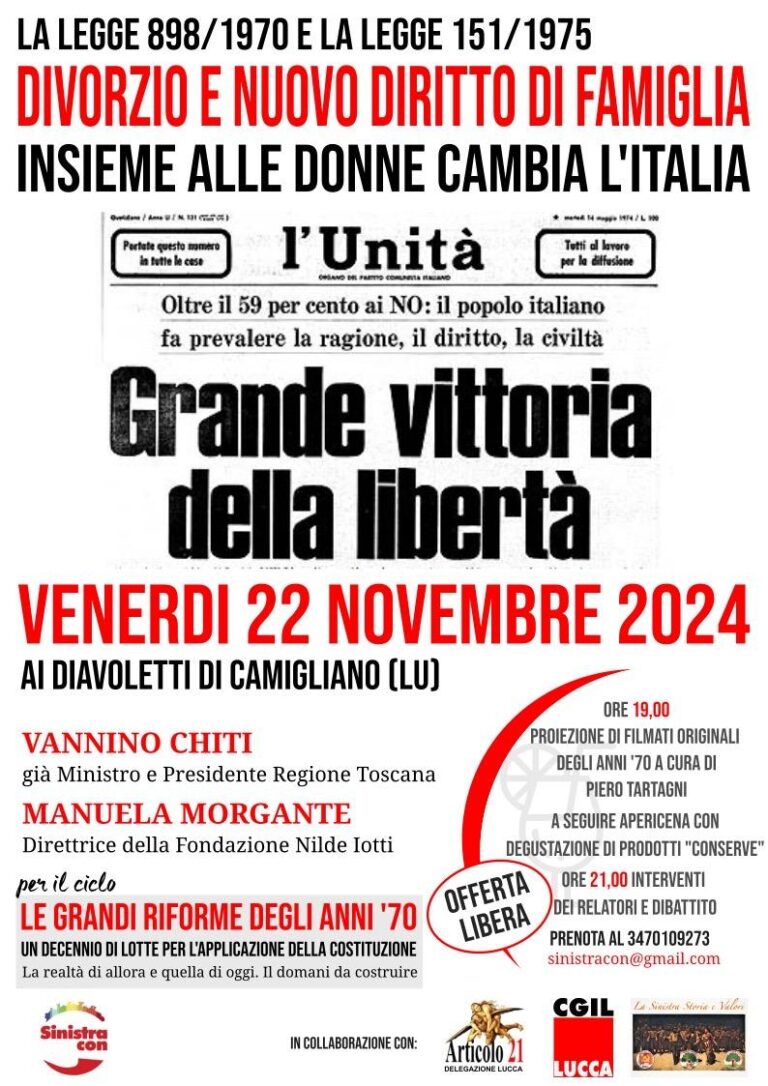 Le grandi riforme degli anni ’70: venerdì 22 novembre a Camigliano