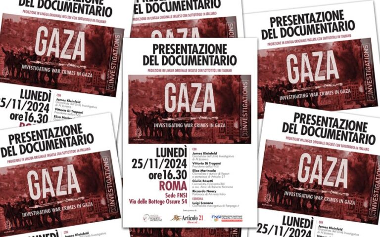 ‘Gaza – Indagine sui crimini di guerra’: il 25 novembre in Fnsi la presentazione dell’inchiesta di Al Jazeera