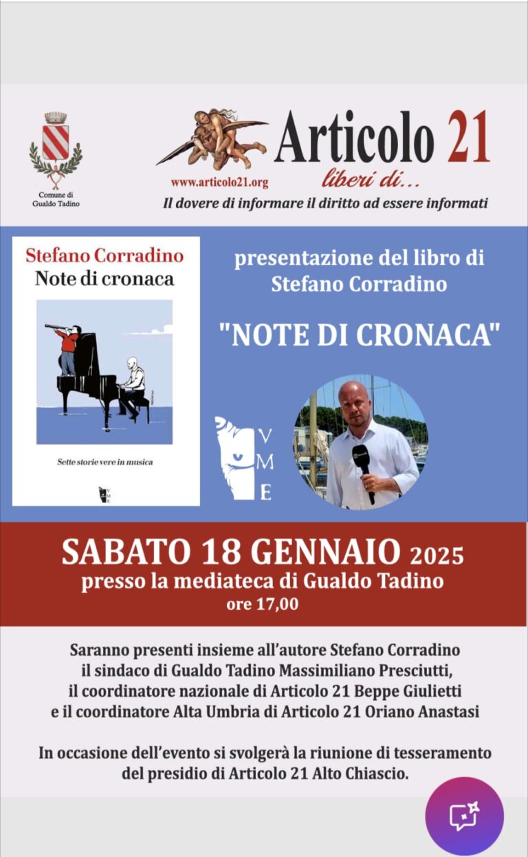 Gualdo Tadino sabato 18 gennaio presentazione del libro di Stefano Corradino  “Note di cronaca”